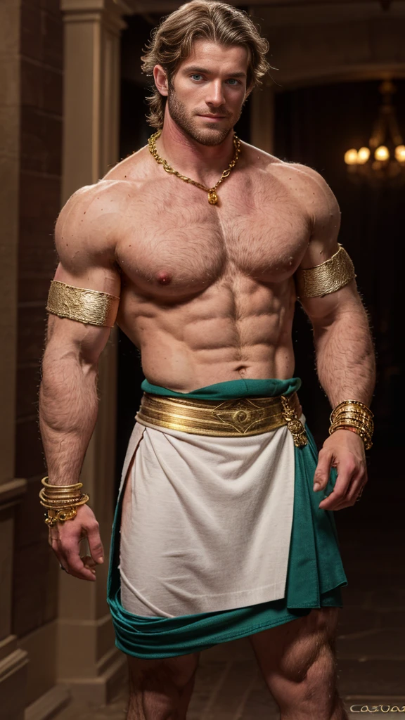 Masterpiece, denoise, void noise, one man, best quality, 8k resolution, male focus, focus only, amazing composition, volumetric lighting, super quality, elegant, Very detailed, front view, -----------, muscular, (pale skin), ((((((Caucasian white man)))))), very handsome, (detailed light-blue eyes), ((messy hair)), big ears, (hairy), scruffy beard, ((big pink nipples)), ((perky nipples)) ------------, (((gladiator top))), (((green loincloth with gold touches))), (((gold armlet, gold, bracelet, gold anklets))), (((rubbing chest))), (((facing viewer))), (((looking at viewer)))