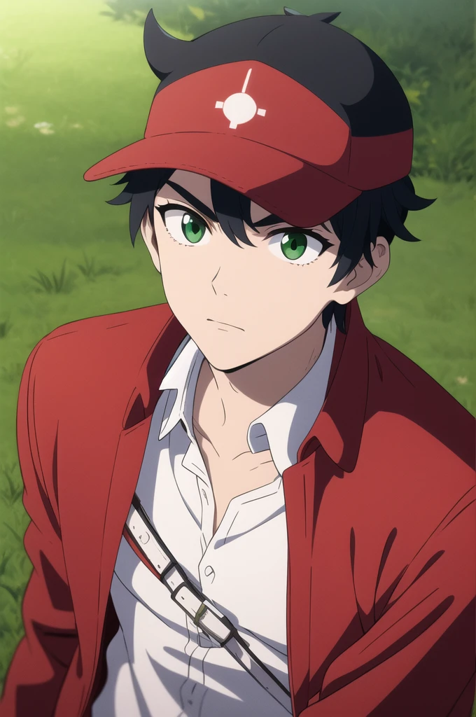 masterpiece, best quality, anime screencap, pokemon, (1male), solo, looking at the camera, detailed eyes, upper body, portrait, black hair, green eyes, spiky hair, striding, young , determined, blank BREAK collared shirt, red jacket, white trim, jeans, red and white baseball cap, bandolier, BREAK on a grassy trail