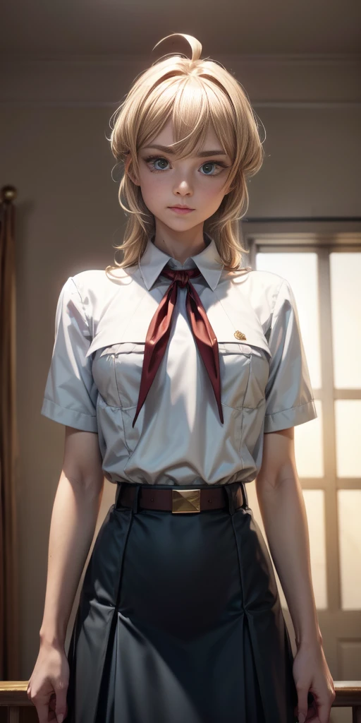 blond hair, Hair, ahoge, Raised eyebrows, sparkling eyes, green eyes, shy smile, atmospheric perspective, anime style, Cinematic lighting, glowing light, wide angle, 8 k, Best quality, masterpiece, high detail, high quality, slender and fit young girl, perfect flat chest, Thin waist, pioneer neckerchief, blue microskirt, bang, White shirt, short sleeves, collared shirt, belt, eyelashes, red neckerchief, chest pocket, know-v1, died_Alessia