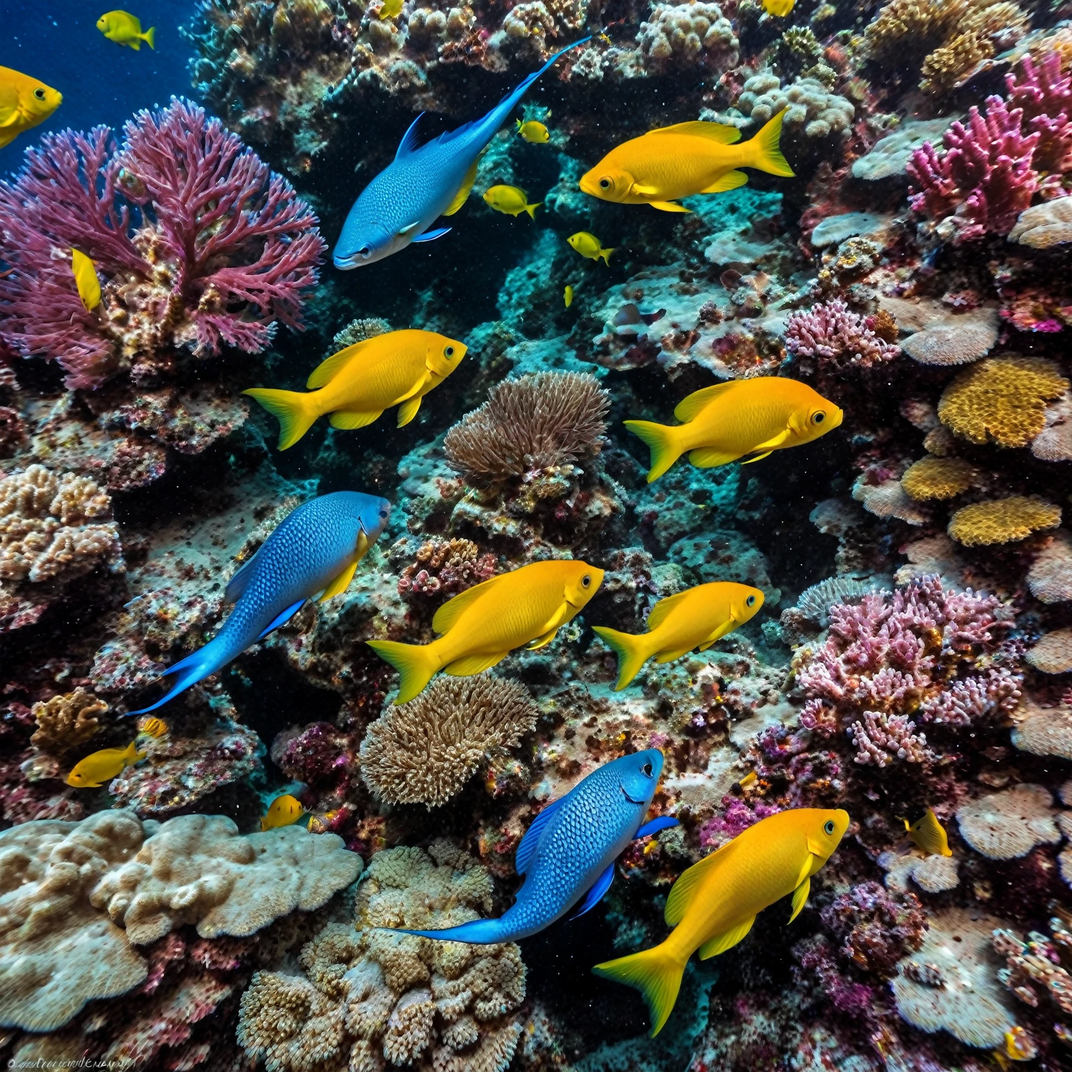 L'image dépeint une scène sous-marine féérique où des récifs coralliens éclatants se mêlent à une myriade de poissons chatoyants. Une femme gracieuse nage au milieu de cet écosystème vibrant, entourée d'une symphonie de couleurs et de vie aquatique. Au-dessus de la surface, un œil immense et énigmatique émerge de vagues cosmiques tourbillonnantes, créant un contraste saisissant. Un dauphin majestueux saute à travers l'air étoilé, où le ciel nocturne se confond avec l'océan, parsemé de galaxies scintillantes. L'ensemble de la scène baigne dans une atmosphère de rêve et de magie, où chaque élément évoque un univers fantastique et merveilleux, rempli de mystère et d'émerveillement.