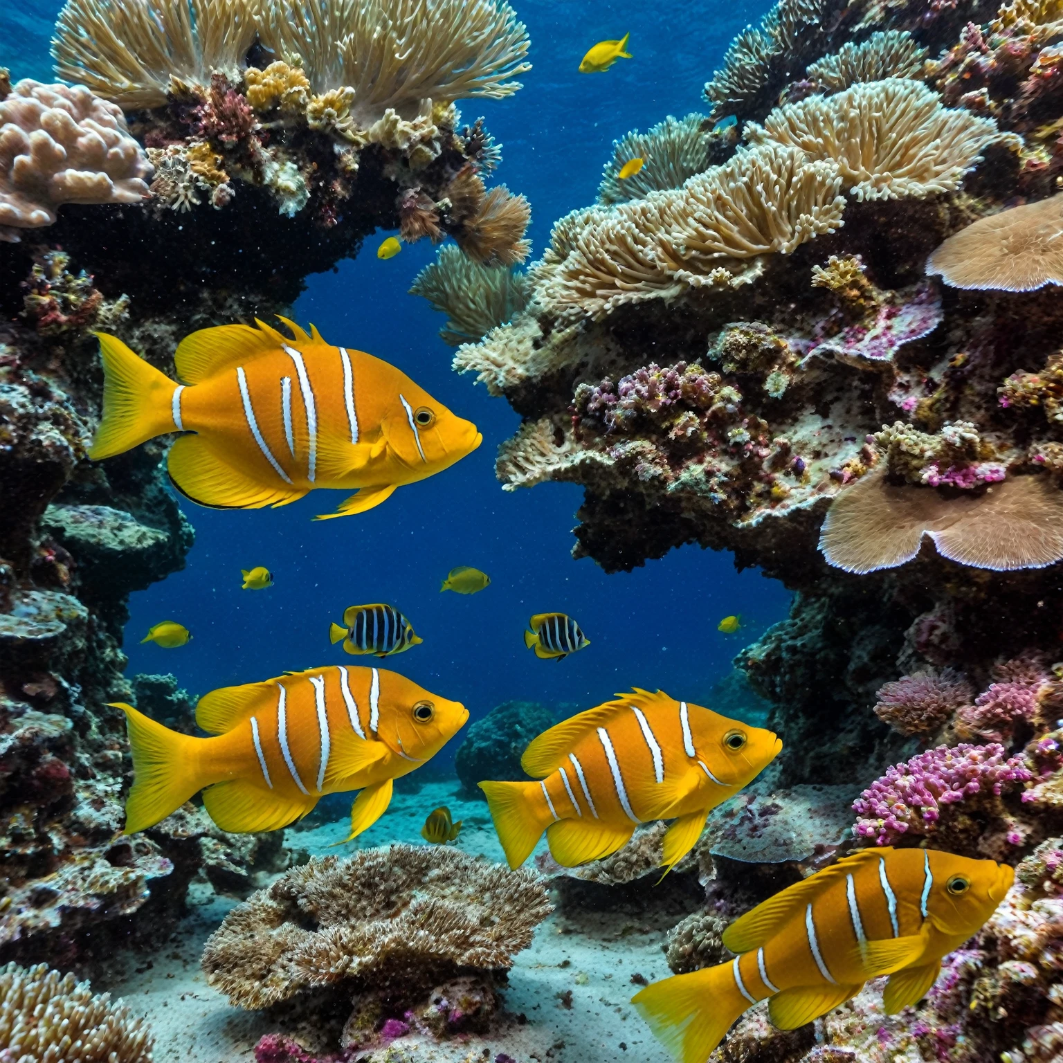L'image dépeint une scène sous-marine féérique où des récifs coralliens éclatants se mêlent à une myriade de poissons chatoyants. Une femme gracieuse nage au milieu de cet écosystème vibrant, entourée d'une symphonie de couleurs et de vie aquatique. Au-dessus de la surface, un œil immense et énigmatique émerge de vagues cosmiques tourbillonnantes, créant un contraste saisissant. Un dauphin majestueux saute à travers l'air étoilé, où le ciel nocturne se confond avec l'océan, parsemé de galaxies scintillantes. L'ensemble de la scène baigne dans une atmosphère de rêve et de magie, où chaque élément évoque un univers fantastique et merveilleux, rempli de mystère et d'émerveillement.