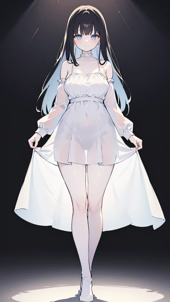 masterpiece, 8K, Detailed face, best quality, Must be created as described,  (1 girl, alone, 20 years old, 158cm), (Black hair, long hair, Straight Hair, Bangs), (innocent, Big blue eyes like diamonds), (fair skin, thin waist, long legs), (Wearing a close-fitting pure white dress, spaghetti straps, V-neck style), (The dress is light and translucent, Dress has no sleeves, 只有spaghetti straps), (wearing white socks, No shoes), (Show your thighs, Show your arms, You should be able to see the curve of your thighs, Highlight your figure), (The expression looks shy, but with a smile), (light black background, Full body portrait, Stand Up Straight, symmetry)