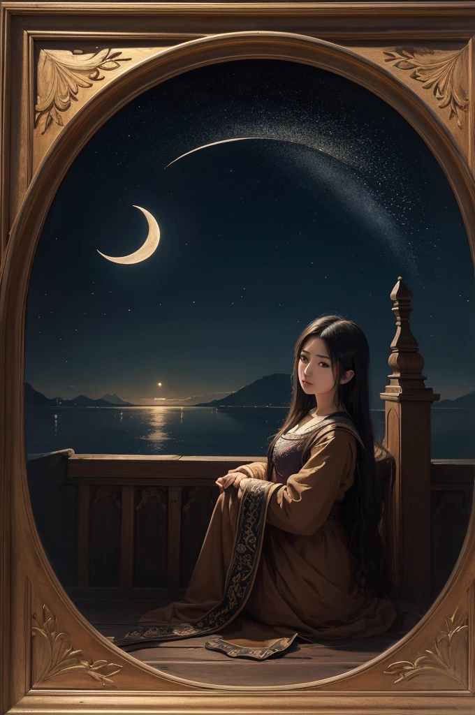 dim night with a crescent moon in the sky, highly detailed painting, 