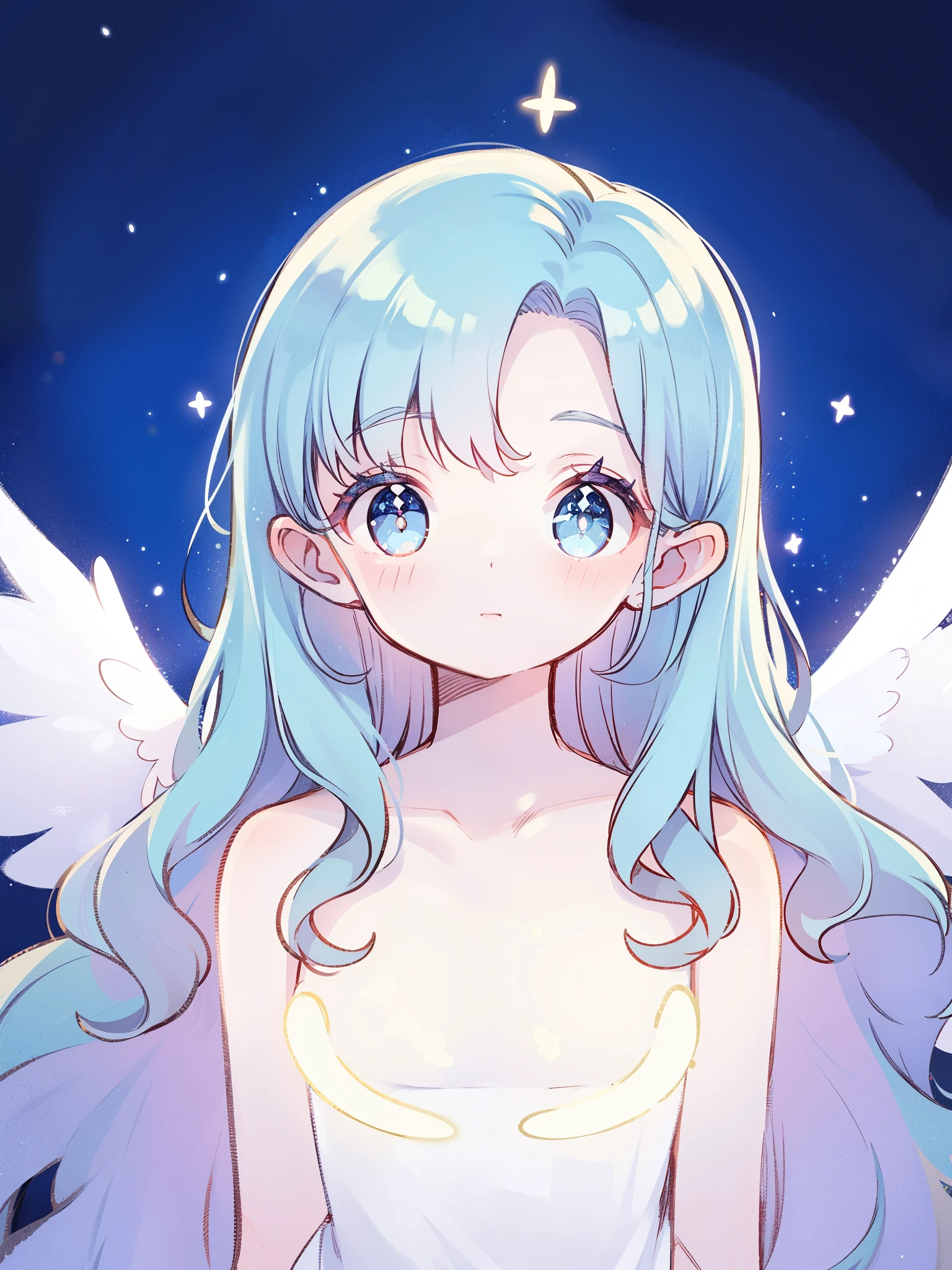 nude angel girl wearing an ethereal translucent dress, pale skin, ((blue mint wavy hair)), white feathers, angel wings, sparkling detailed eyes, golden ratio face, perfect composition, highly detailed, ethereal, (starry night sky background), midjourney style