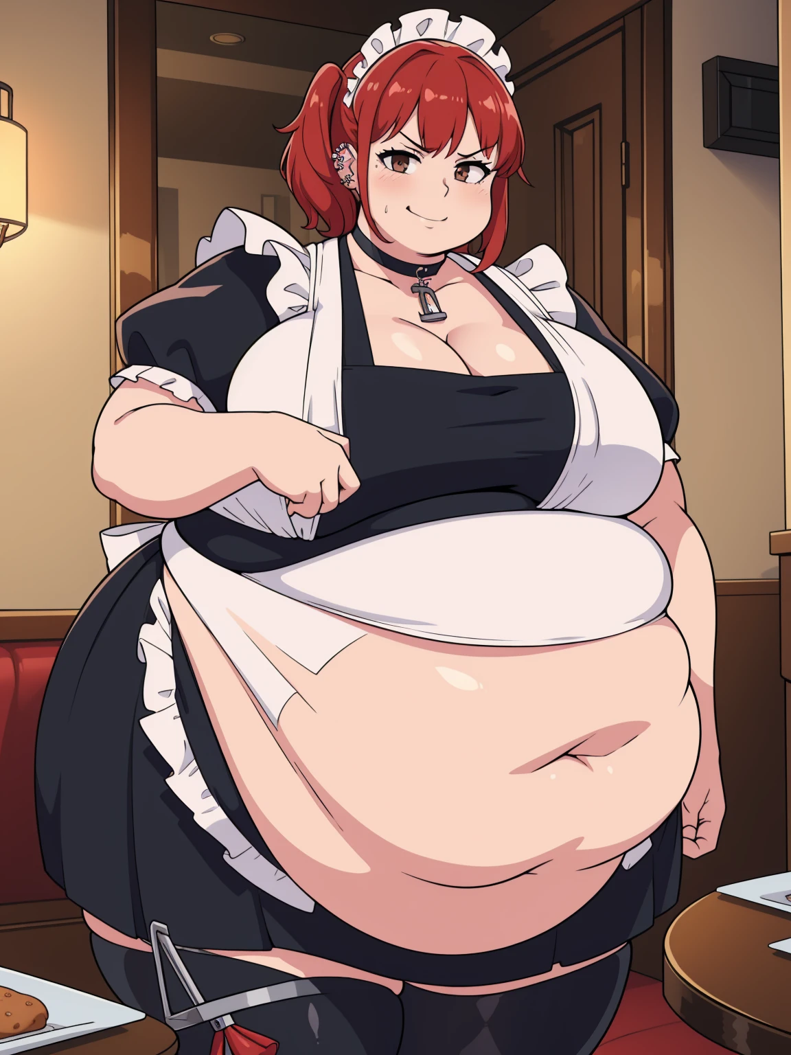 (Morbidly obese:1,1)1girl, solo(masterpiece, best quality:1.4), illustration, 8k, hd, 1girl, solo, short_messy_hair, red_hair, dress, white_thighhighs, no underwear, short_sleeves, frills, apron, brown_eyes, cleavage, metal_collar, anchor_choker, maid, white maid, ((big breast, angry, delinquent, bully, piercing, smirk)), (restaurant, maid cafe) Round face, double chin, fat chin, fat cheeks, fat neck, round face, SSBBW, flabby arms, round face, double chin, fat double chin, big double chin, fat neck, chubby cheeks, fat thighs, fat calves, morbidly obese, flabby , giant , large belly, obese, fat face, belly, double chin, obesity, flabby breasts, fat arms and legs, fat everything,