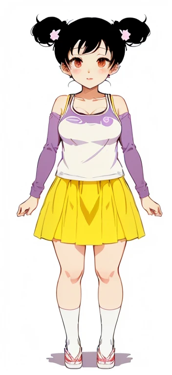 a cartoon girl in a yellow skirt and white top, wearing skirt, anime vtuber full body model, wearing a skirt, magical school student uniform, female full body, rena nounen style 3/4, fullbody view, wearing a tanktop and skirt, anime full body illustration, upper body avatar, chiho aoshima color scheme