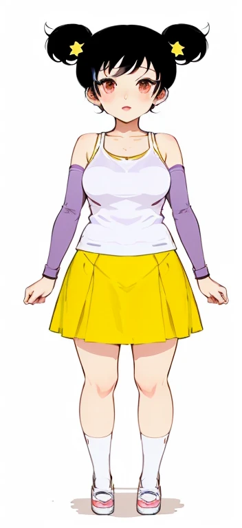a cartoon girl in a yellow skirt and white top, wearing skirt, anime vtuber full body model, wearing a skirt, magical school student uniform, female full body, rena nounen style 3/4, fullbody view, wearing a tanktop and skirt, anime full body illustration, upper body avatar, chiho aoshima color scheme