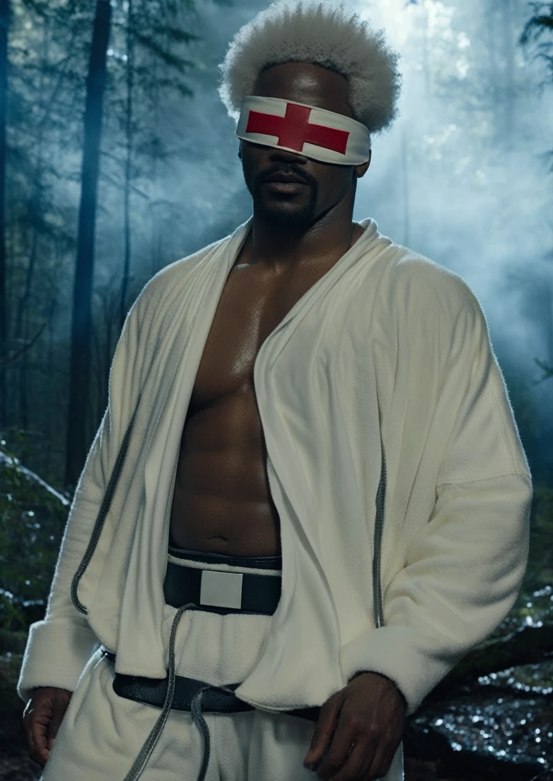 Sci-fi cinematic film scene slightly muscular African-American man with a short Afro White hair wearing a white blindfold With a red cross on it on his eyes Wearing a white robe and a giant black wrestling belt with a white cross on it wearing a giant White sweatpants and a white leather boots and a man is outside a dark forest realistic photograph movie scene dark atmosphere,35mmm