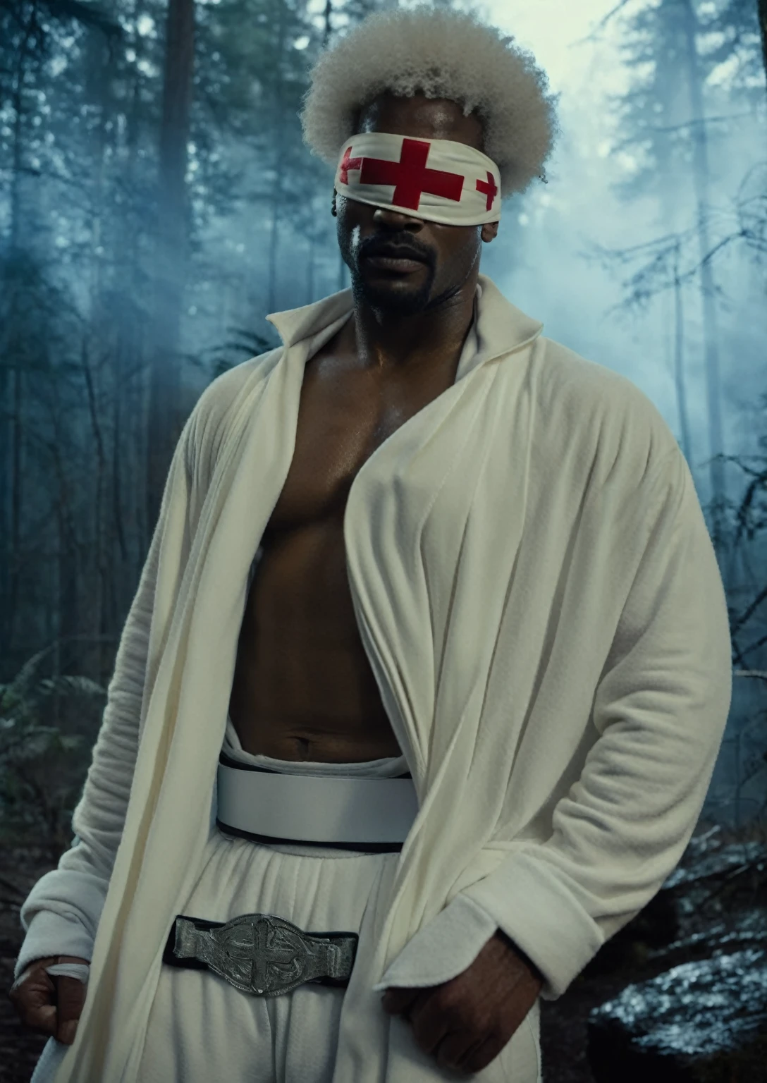 Sci-fi cinematic film scene slightly muscular African-American man with a short Afro White hair wearing a white blindfold With a red cross on it on his eyes Wearing a white robe and a giant black wrestling belt with a white cross on it wearing a giant White sweatpants and a white leather boots and a man is outside a dark forest realistic photograph movie scene dark atmosphere,35mmm