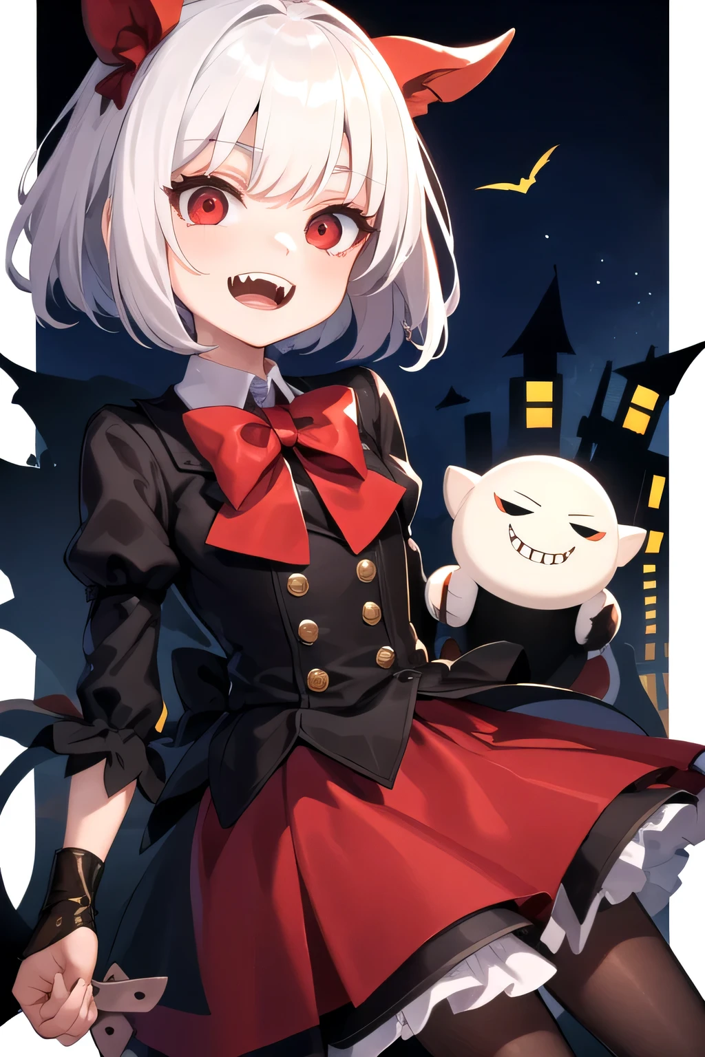 High quality absurd well detailed one she is small she has short white hair red eyes wearing a red with a black bow tie she is on the streets mutivervor she is laughing in a scary and dark way