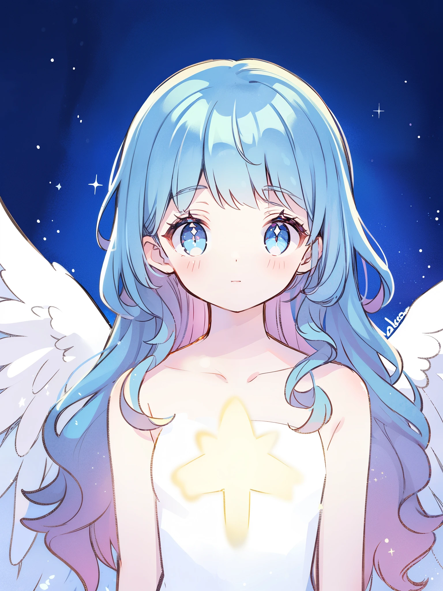 nude angel girl wearing an ethereal translucent dress, pale skin, ((blue mint wavy hair)), white feathers, angel wings, sparkling detailed eyes, golden ratio face, perfect composition, highly detailed, ethereal, (starry night sky background), midjourney style