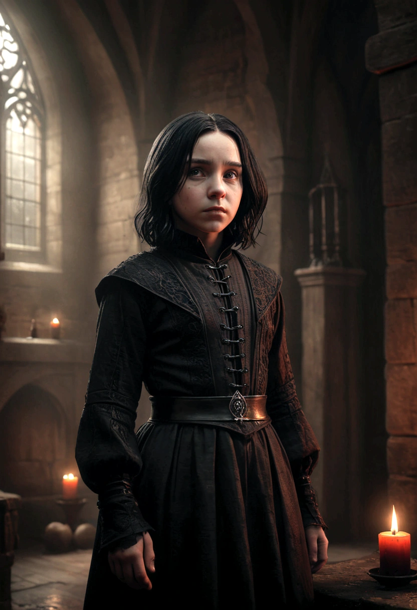 a medieval orphan girl,Severus Snape,a dark ritual,blood magic,dramatic lighting,dark fantasy,chiaroscuro,cinematic,dark moody atmosphere,gothic,photorealistic,highly detailed,intricate,dramatic shadows,warm color palette,fantasy,masterpiece,8k,best quality,extremely detailed