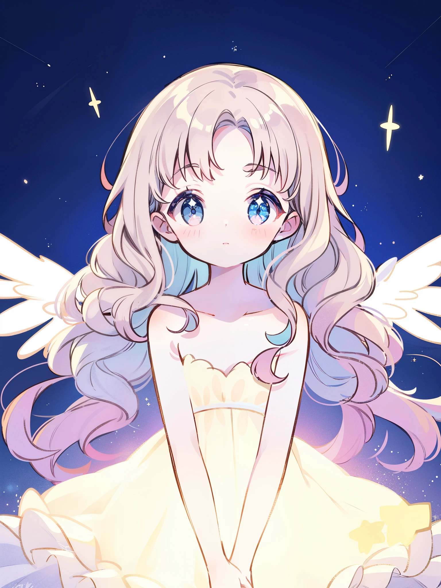 nude angel girl wearing an ethereal translucent dress, pale skin, ((blue mint wavy hair)), white feathers, angel wings, sparkling detailed eyes, golden ratio face, perfect composition, highly detailed, ethereal, (starry night sky background), midjourney style
