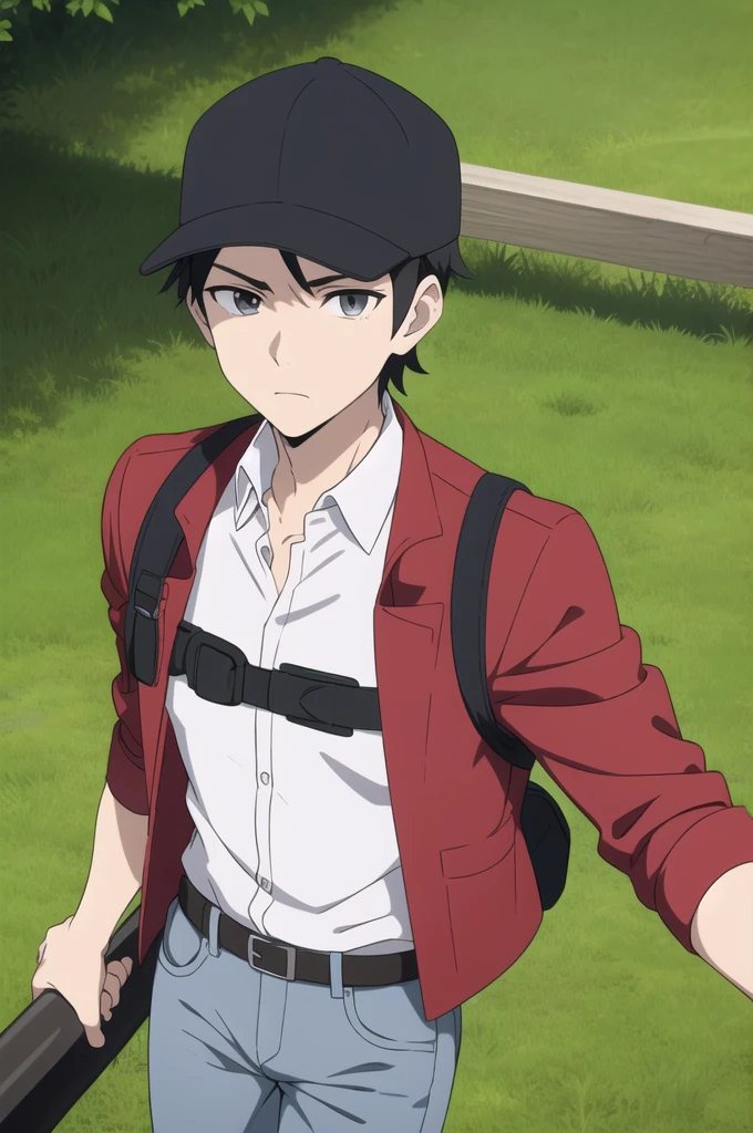 masterpiece, best quality, anime screencap, pokemon, (1male), solo, looking at the camera, detailed eyes, upper body, portrait, black hair, grey eyes, spiky hair, striding, young teen, determined, blank BREAK collared shirt, red jacket, white trim, jeans, red and white baseball cap, bandolier, BREAK on a grassy trail