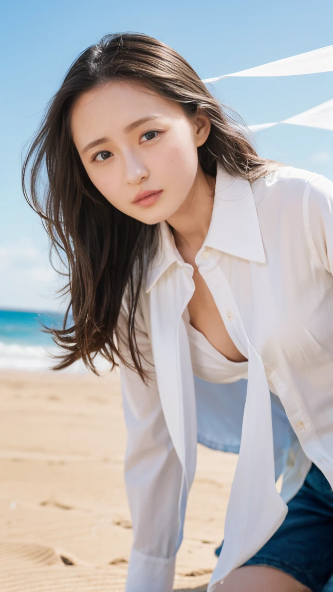(((Top-down configuration:1.33)))、((No underwear:1.55))、(((A strong wind is blowing、Her hair is flying、Kneel, Open shirt:1.68、Lower body exposed、Leaning forward:2.25)))、One Girl、Beautiful and detailed eyes and face、barefoot、20 year old cute Japan woman, ((Extremely precise and accurate anatomy:1.0)), (photo Realistic:1.4), (hyper Realistic:1.4), (最高品質のRealisticな肌の質感:1.4), (Improvement of quality:1.4), (Enhances the beauty of skin texture:1.1), Clean and glowing skin, mesh, thin:1.2, (Realistic:1.3), Realisticなライティング, (Smoother lighting:1.05), (Improving the quality of cinema lighting:0.9), Backlight, A gentle light shining on your face, Ray Tracing, (Bright light:1.2), 32k, One Japanese woman, fine grain, Detailed face, (Film Grain:1.1),(Accentuates body lines:1.1), High resolution, Natural look, Kind eyes, Improves hair quality, Delicate light and shadow, Transparent muscle, Graceful pose, Beautiful Eyes, Sharp details, Soft light reflection, Beautiful contours, Delicate skin tone, Fine hair texture, Natural background, sunny day、Beach、splash、Sandy Beach、Light of the sun、clear blue sea、The waves crash quietly、Blue sky and white clouds、green mountain々、Beautiful Nature、The joy of youth