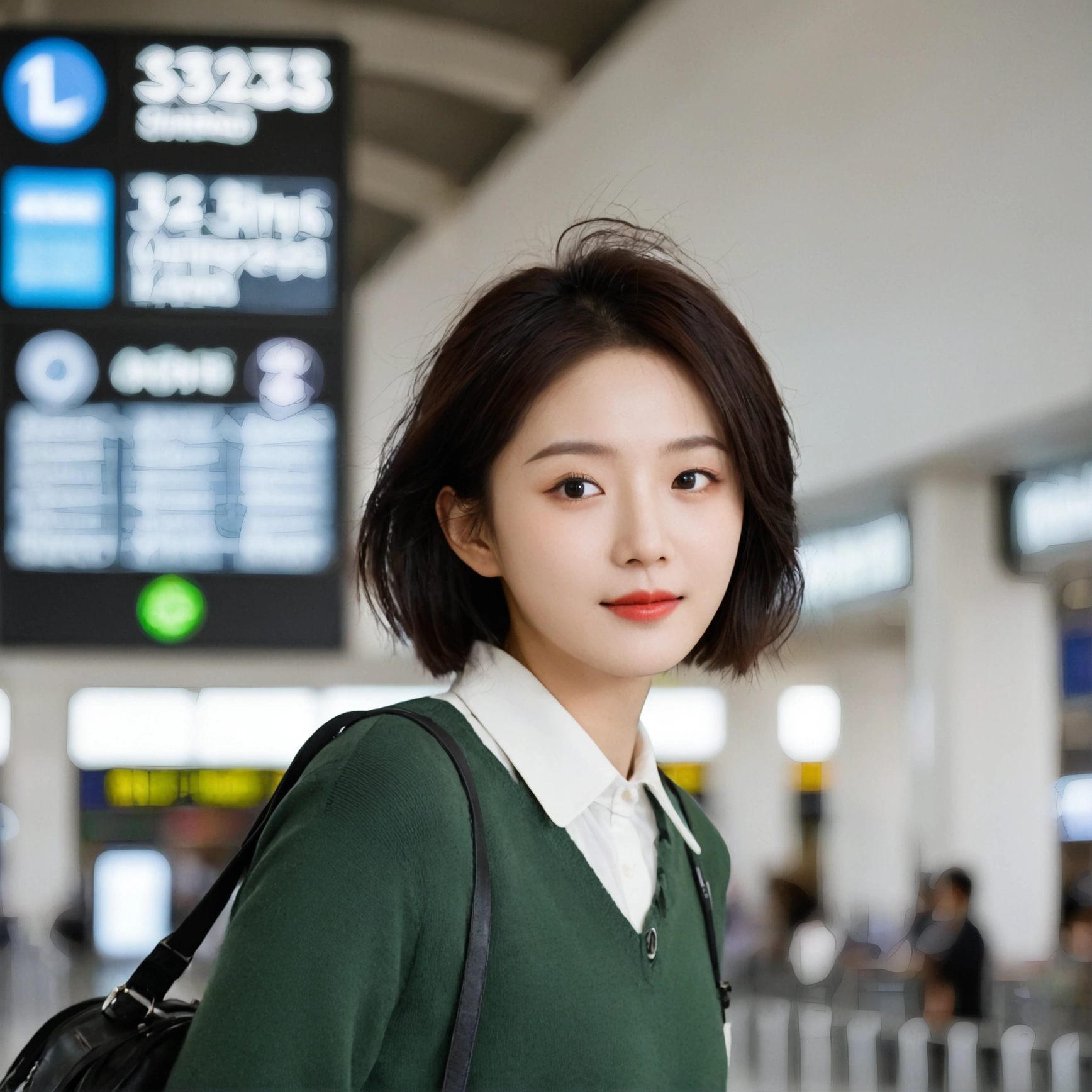beautiful korean girl , 32 inch chest size, Your eyes are big and pretty. Short in stature. Standing in the departure hall of the airport. . short medium hair, Standing in line at the departure hall of London Heathrow Airport. He wore a white shirt, a green jumper, and white casual pants.s.Dragging a suitcase. short medium hair, short height, Full body shot with Canon camera 16-35 wide angle lens, short medium hair. expressionless, uhd