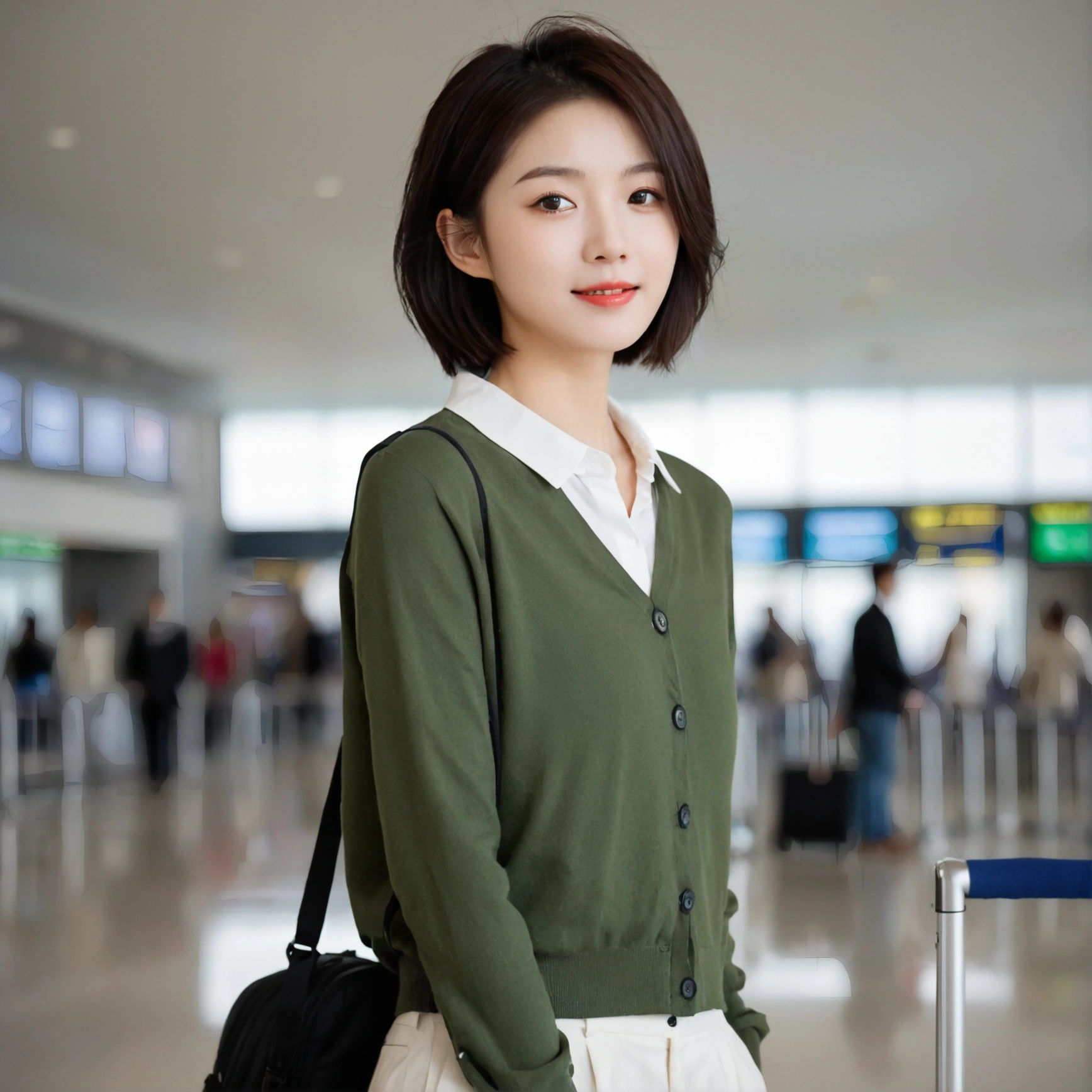 beautiful korean girl , 32 inch chest size, Your eyes are big and pretty. Short in stature. Standing in the departure hall of the airport. . short medium hair, Standing in line at the departure hall of London Heathrow Airport. He wore a white shirt, a green jumper, and white casual pants.s.Dragging a suitcase. short medium hair, short height, Full body shot with Canon camera 16-35 wide angle lens, short medium hair. expressionless, uhd