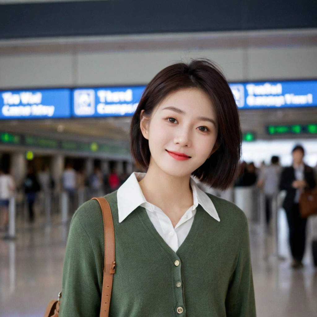 beautiful korean girl , 32 inch chest size, Your eyes are big and pretty. Short in stature. Standing in the departure hall of the airport. . short medium hair, Standing in line at the departure hall of London Heathrow Airport. He wore a white shirt, a green jumper, and white casual pants.s.Dragging a suitcase. short medium hair, short height, Full body shot with Canon camera 16-35 wide angle lens, short medium hair. expressionless, uhd