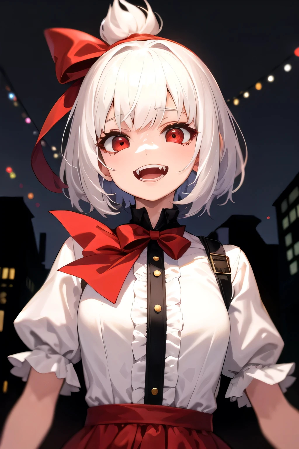 High quality absurd well detailed one she is small she has short white hair red eyes wearing a red with a black bow tie she is on the streets mutivervor she is laughing in a scary and dark way