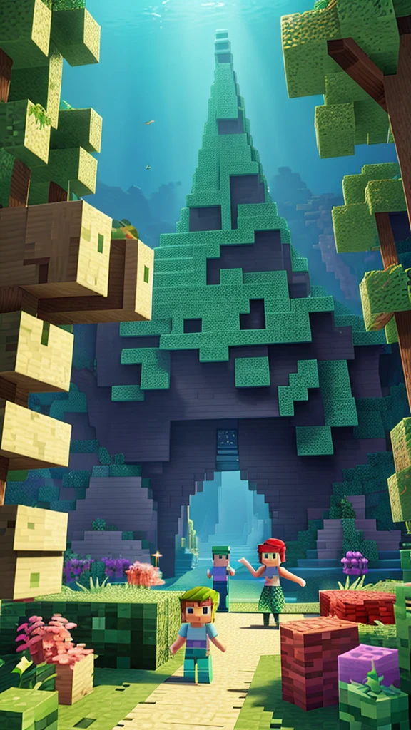 Background with two characters , a mermaid and steve, Minecraft creeper , where an environment comes to light according to those 3 characters , with happy colors , striking and pasteurized tridi, of very good quality and that is for children's taste