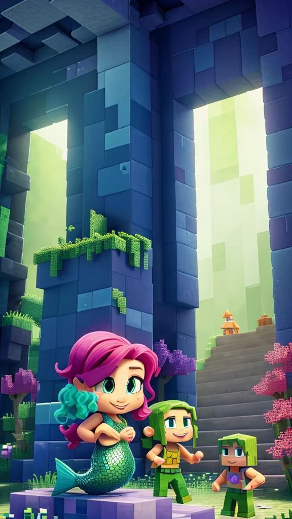 Background with two characters , a mermaid and steve, Minecraft creeper , where an environment comes to light according to those 3 characters , with happy colors , striking and pasteurized tridi, of very good quality and that is for children&#39;s taste