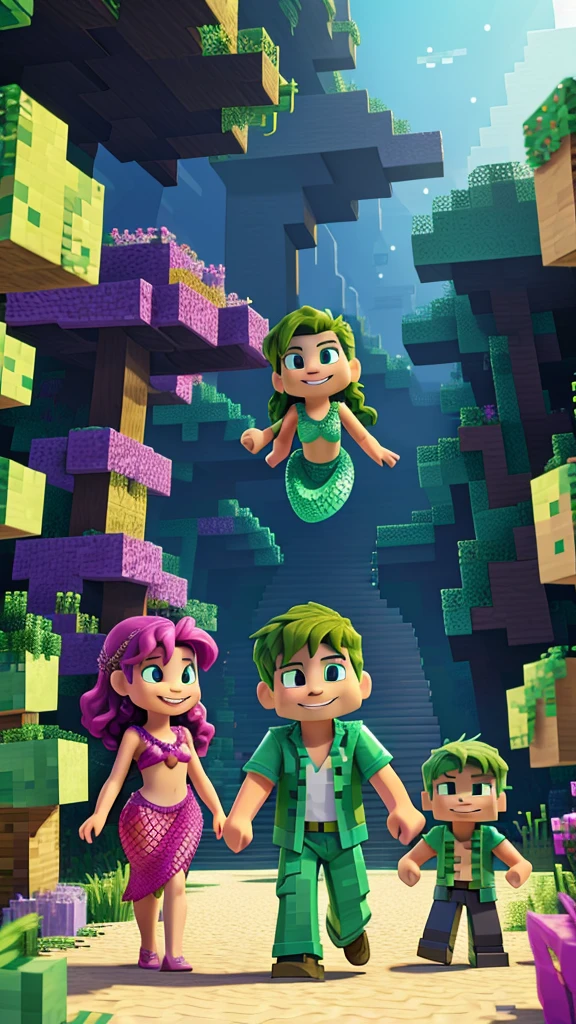 Background with two characters , a mermaid and steve, Minecraft creeper , where an environment comes to light according to those 3 characters , with happy colors , striking and pasteurized tridi, of very good quality and that is for children's taste