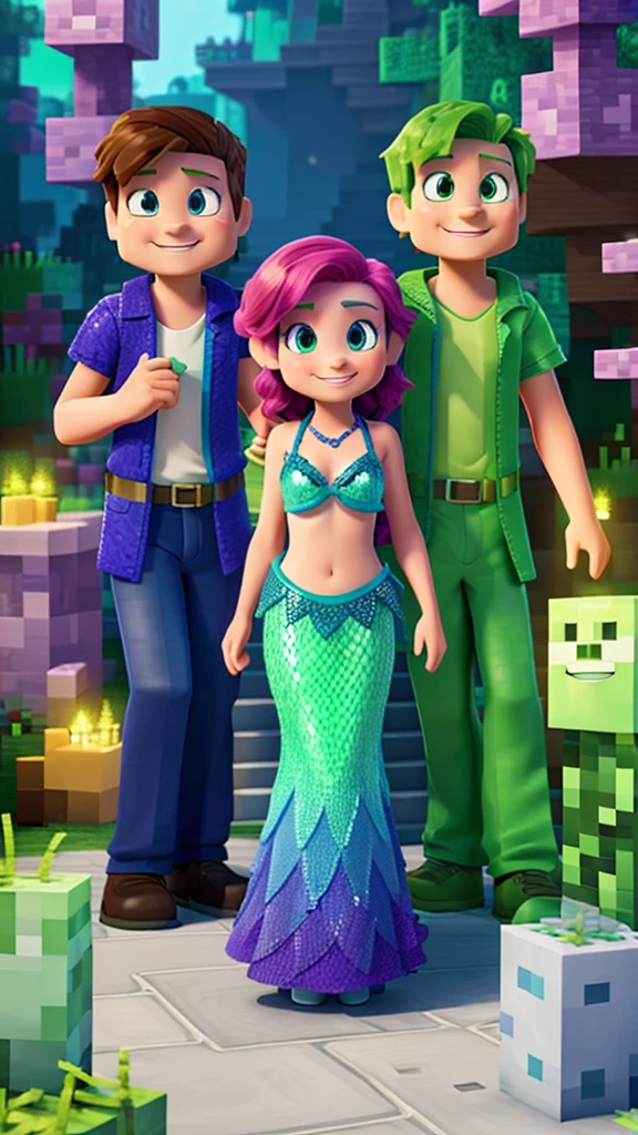 Background with two characters , a mermaid and steve, Minecraft creeper , where an environment comes to light according to those 3 characters , with happy colors , striking and pasteurized tridi, of very good quality and that is for children's taste