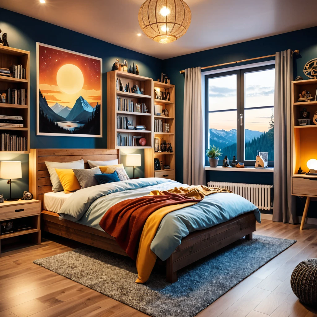 inside of a viking music lover teenagers room, there is a bed, radiant evening light