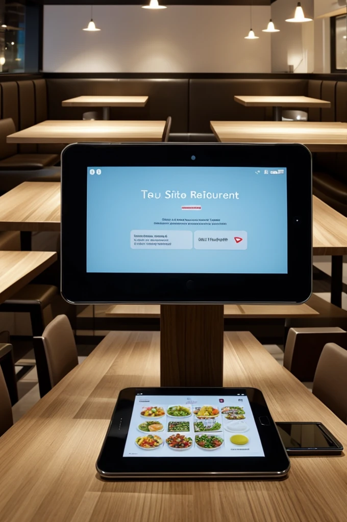 create a modern restaurant with small touch screens integrated into the tables