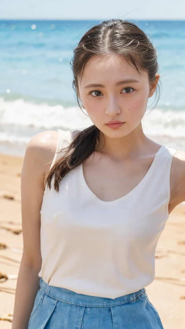 (((Top-down configuration:1.33)))、((No underwear:1.55))、(((A strong wind is blowing、Her hair and skirt are flying、Standing with your legs apart, Tank top with loose chest:1.68、Pleated skirt)))、One Girl、Beautiful and detailed eyes and face、barefoot、20 year old cute Japan woman, ((Extremely precise and accurate anatomy:1.0)), (photo Realistic:1.4), (hyper Realistic:1.4), (最高品質のRealisticな肌の質感:1.4), (Improvement of quality:1.4), (Enhances the beauty of skin texture:1.1), Clean and glowing skin, mesh, thin:1.2, (Realistic:1.3), Realisticなライティング, (Smoother lighting:1.05), (Improving the quality of cinema lighting:0.9), Backlight, A gentle light shining on your face, Ray Tracing, (Bright light:1.2), 32k, One Japanese woman, fine grain, Detailed face, (Film Grain:1.1),(Accentuates body lines:1.1), High resolution, Natural look, Kind eyes, Improves hair quality, Delicate light and shadow, Transparent muscle, Graceful pose, Beautiful Eyes, Sharp details, Soft light reflection, Beautiful contours, Delicate skin tone, Fine hair texture, Natural background, sunny day、Beach、splash、Sandy Beach、Light of the sun、clear blue sea、The waves crash quietly、Blue sky and white clouds、green mountain々、Beautiful Nature、The joy of youth
