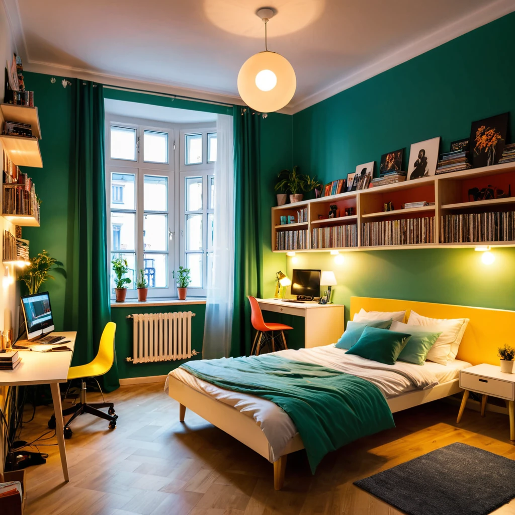 inside of a hungarian music lover agers room, there is a bed, radiant evening light