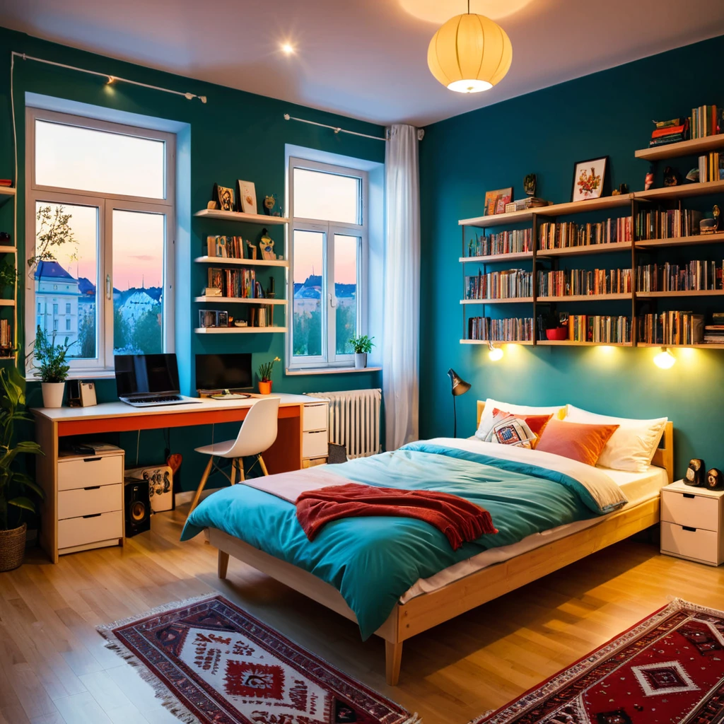 inside of a hungarian music lover teenagers room, there is a bed, radiant evening light