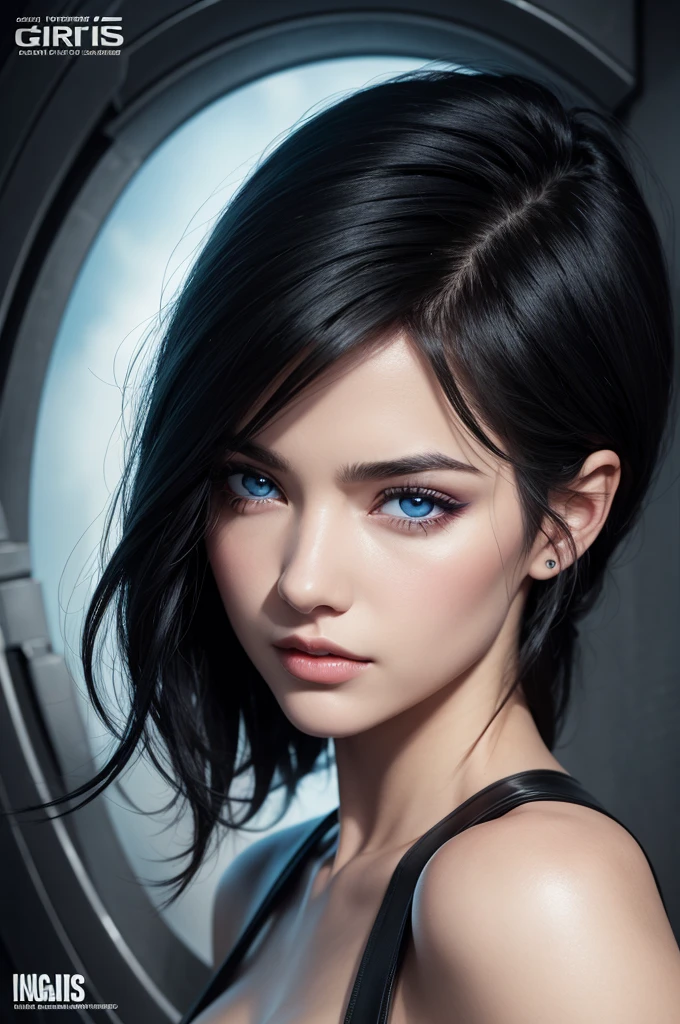 Caucasian woman with black hair with colored eyes in the iris, comic book art