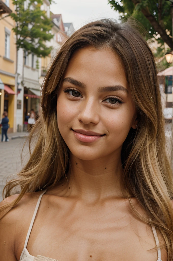 portrait of very pretty girl, tanned, slanted, seductive brown eyes and full lips, small, upturned nose and very long natural blonde hair smiling in a town square
