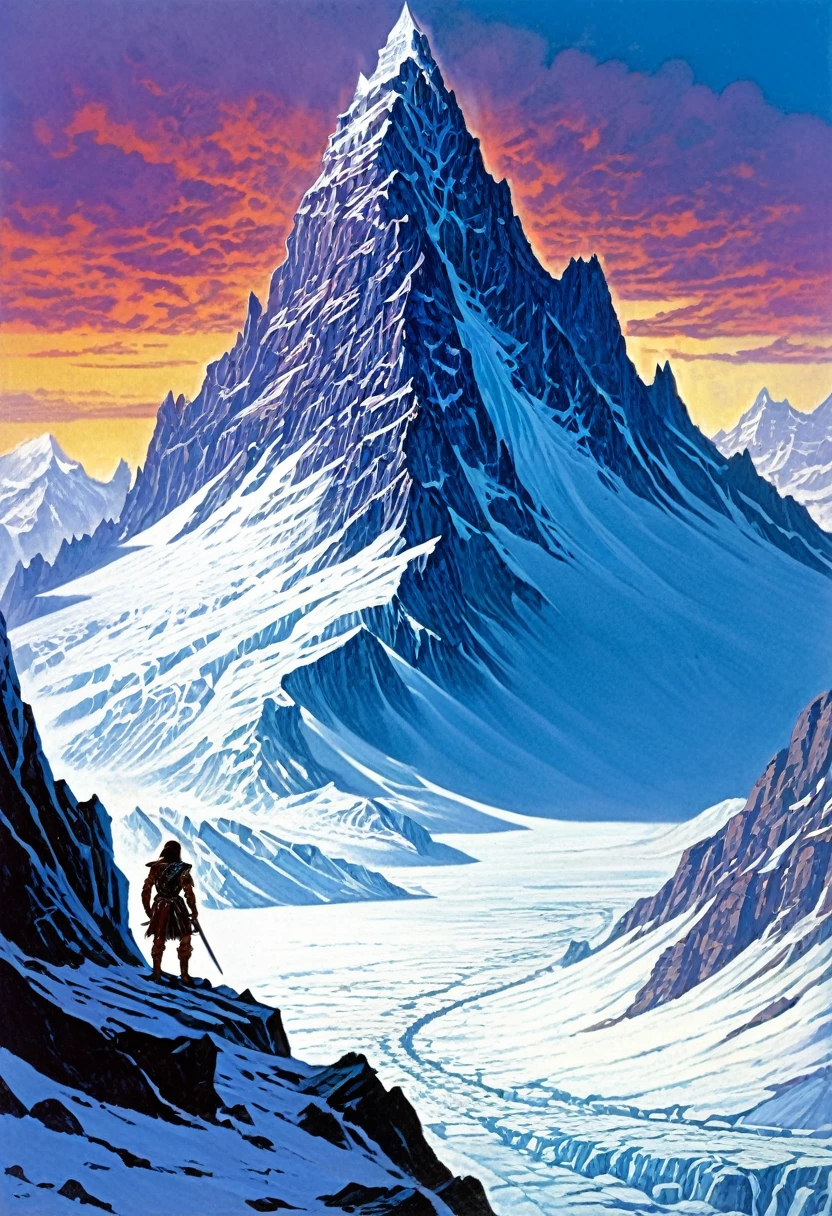 fantasy litography, Clyde Caldwell, a somber citadel sits on top of a glacier, the god Jergal's face can be seen in the background, Dungeons & Dragons