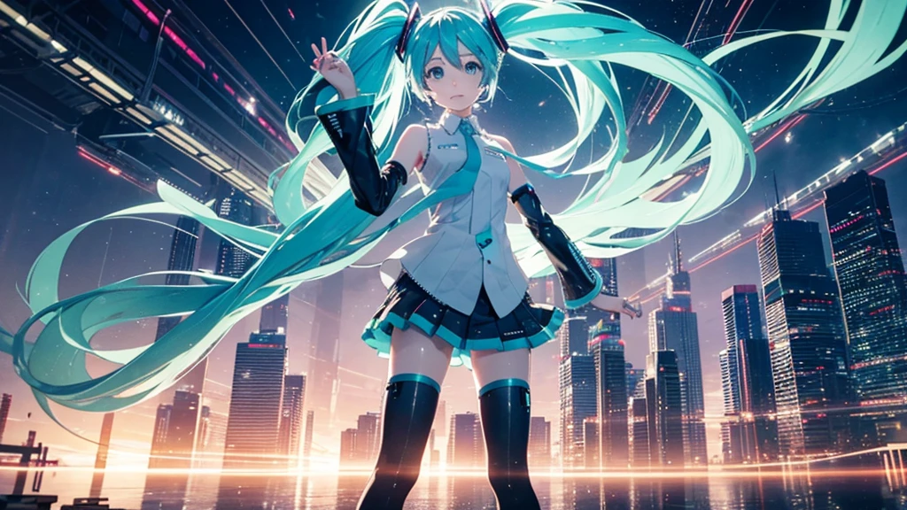 Hatsune Miku against a vast, futuristic city skyline、A spectacular scene showcasing colorful and energetic electronic dance music。