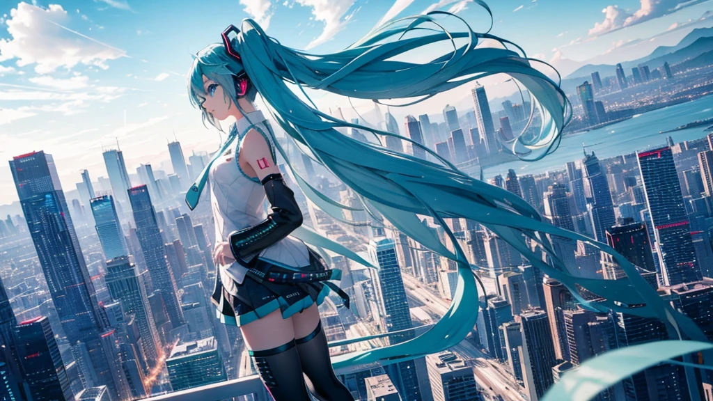 Hatsune Miku against a vast, futuristic city skyline、A spectacular scene showcasing colorful and energetic electronic dance music。