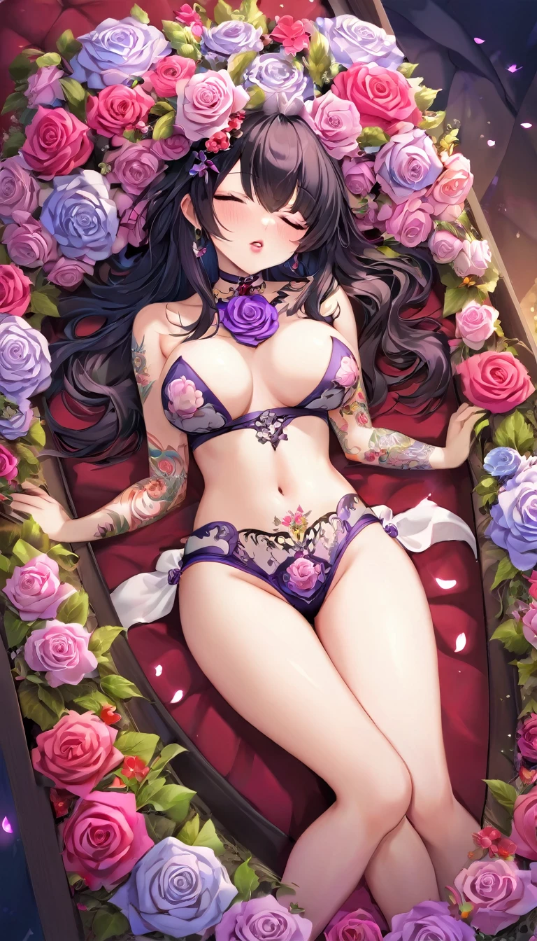 {{{{{16k}}}}}, {{{{{transforming a pure  girl into her facial rank and  rose to the SSS rank of top-notch pretty actresses, She is laid on an coffin of flowers bouquets of flowers are stabbed all over her body and her body becomes more curvy, she is turned into a cutesy flower arrangements, She knows that if she sleeps she will lose her life but she cannot stop her sleep her eyelids grow heavy and the moment she is fully asleep the flower glows absorbs her life blooms more cutely and transforms her  into something lovely and capable of eternal necrophilia, Each time she was necrophiliac her tattoos increased the tattoos her waist and underbust became thinner, her  become even larger and deeper with cleavage, Her hair is replaced by a bang long glossy very Straight black hair, A 10-years-old young girl who was supposed to have died, but was injected with more and more female hormones and Reproduce as underbust and topbust firmness lasciviousness 18-years-old virgin  girl of the expression dyed in bewitching , Grown bodies are reproduced with cheeks so vivid that it's hard to believe they are corpses with a  knowledgeable and  appearance, She is fitted with a heart collar that puts people into eternal sleep which transforms her into a cute once-in-a-millennium narcotic flower arrangement that becomes her too-cute corpse}}}}},{{Extremely detailed}},{{{{{integrated her head pure small, All the fat from her limbs and waist will move to her swinging  and slender limbs, She is in a normal position with her knees up and her  open, Enchanting Too thick and  lips, Her thickened lips shimmer with luster, A cutely girl's soul-draining white eyes}}}}},{{{{{Her tattoos spread all over her body, She is tattooed with  flowers on her neck, arms, lower abdomen, thighs, Flower piercings are attached all over her body}}}}}