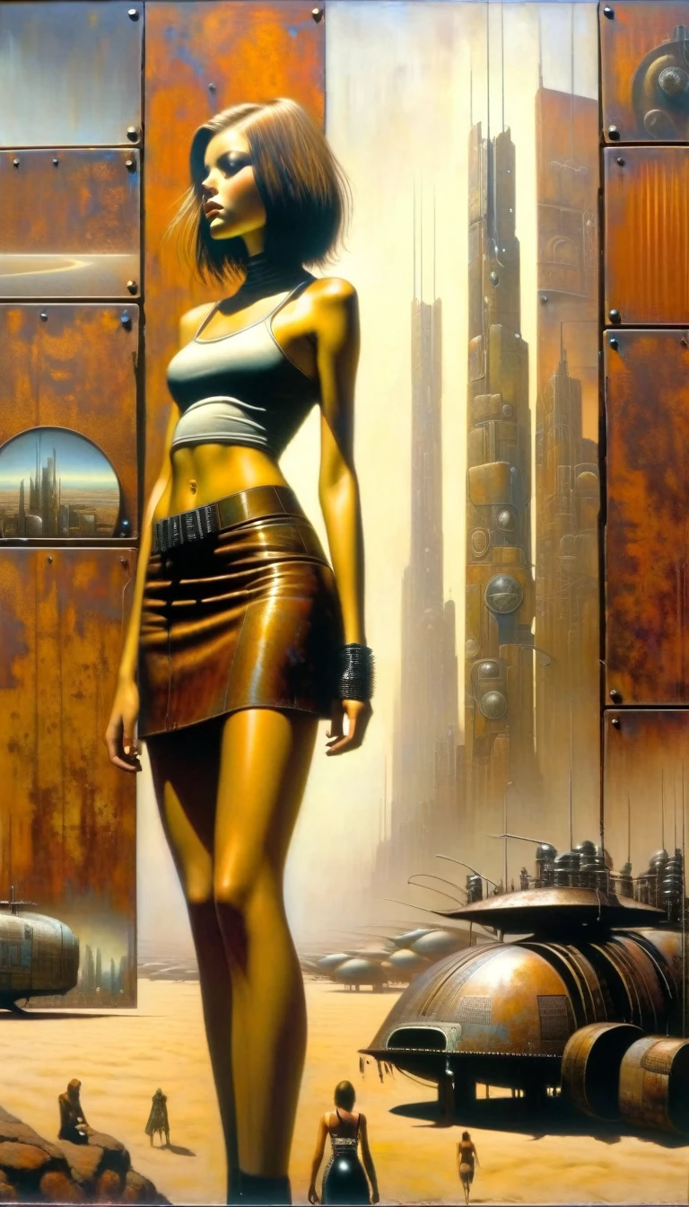 advertising signs in the desert, rusty smooth metal panels with screwed and welded parts, a girl in a leather miniskirt and tight tank top, pronounced , in the distance you can see a futuristic city (art inspired by Dave Mckean, details intricate, oil painting)