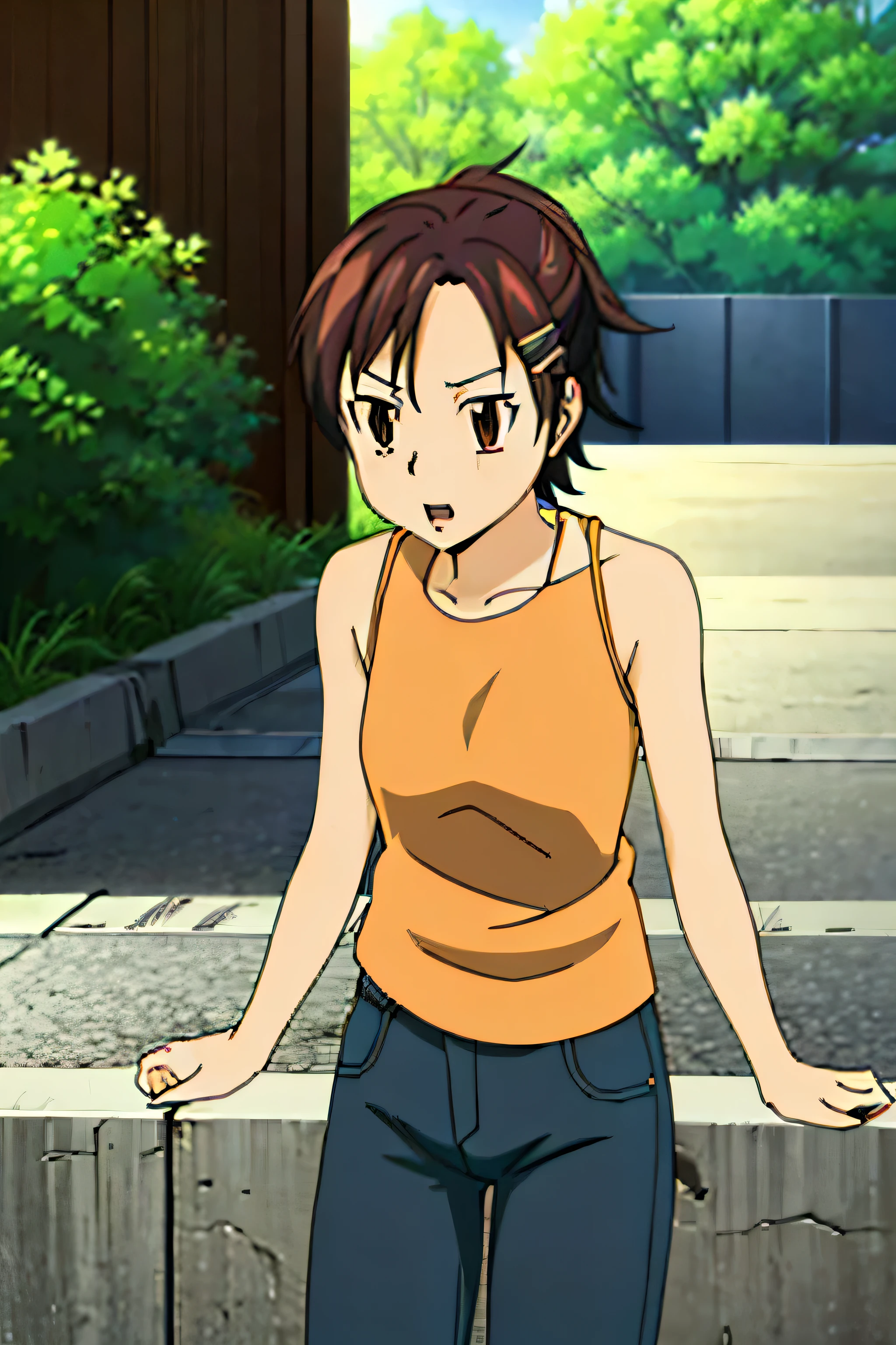 1 girl, Haru Miura, dark gray brown hair, orange eye, light Blue Jeans, Shorts,Orange Tank Top, full body, park, Sunny,Sunshine, light, Fantasy,