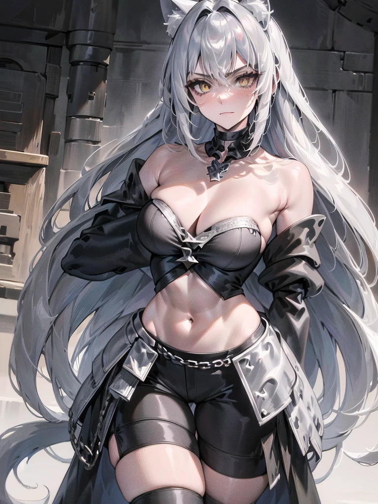 Masterpiece, the perfect woman in every detail, full body portrait, slit pupils, only one girl, looking at viewer, ultra-detailed face, really talll girl, elegant and correct body proportions, perfect figure, fit body type, silver hair, symetric face, tall beautiful werewolf woman, black crop jacket, long biker shorts with chain decorations, white pale skin, smooth skin, especially detailed face, masterpiece, ultra detailed, best quality, highlydetailed face, ultra-detailed face, athletic body, pale white skin, big breasts, long hair, gray-silver hair, a young woman, wolf ears, long wolf tail, fluffy wolf tail, bright amber eyes, wolf-like irises, beautiful, enchanting, bright yellow eyes, detailed eyes, ultra-detailed eyes, accurate eyes, detailed irises, correct body proportions, elegant, small vertical scar under right eye, small rosy lips, closed mouth, cute canines, wolf fangs, pretty hands, detailed hands, slight blush, shy smile, black metal armor, black top, long black bike shorts, detached sleeves, two piece armor, metal chest armor, long black shorts with chains, armored bike long shorts, silver armored jacket, silver metallic ornaments, toned abs, exposed belly, standing straight pose, angry blushed expression, long biker boots, hands on hips pose, straight standing pose