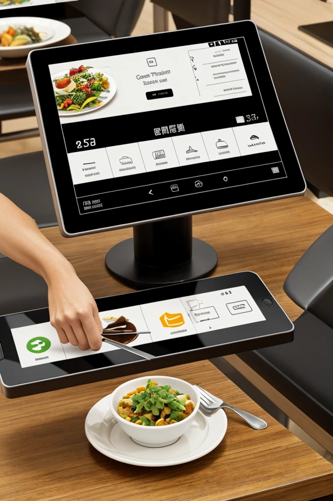 create a modern restaurant with small touch screens inside the table