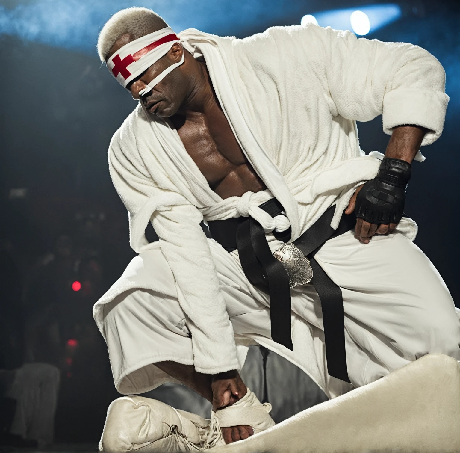 Sci-fi cinematic film scene slightly muscular African-American man with a short Afro White hair wearing a white blindfold With a red cross on it on his eyes Wearing a white robe and a giant black wrestling belt with a white cross on it wearing a giant White sweatpants and a white leather boots, realistic photograph movie scene dark atmosphere,35mmm