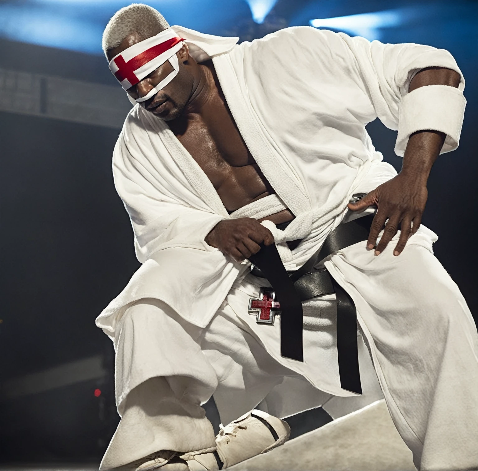 Sci-fi cinematic film scene slightly muscular African-American man with a short Afro White hair wearing a white blindfold With a red cross on it on his eyes Wearing a white robe and a giant black wrestling belt with a white cross on it wearing a giant White sweatpants and a white leather boots, realistic photograph movie scene dark atmosphere,35mmm