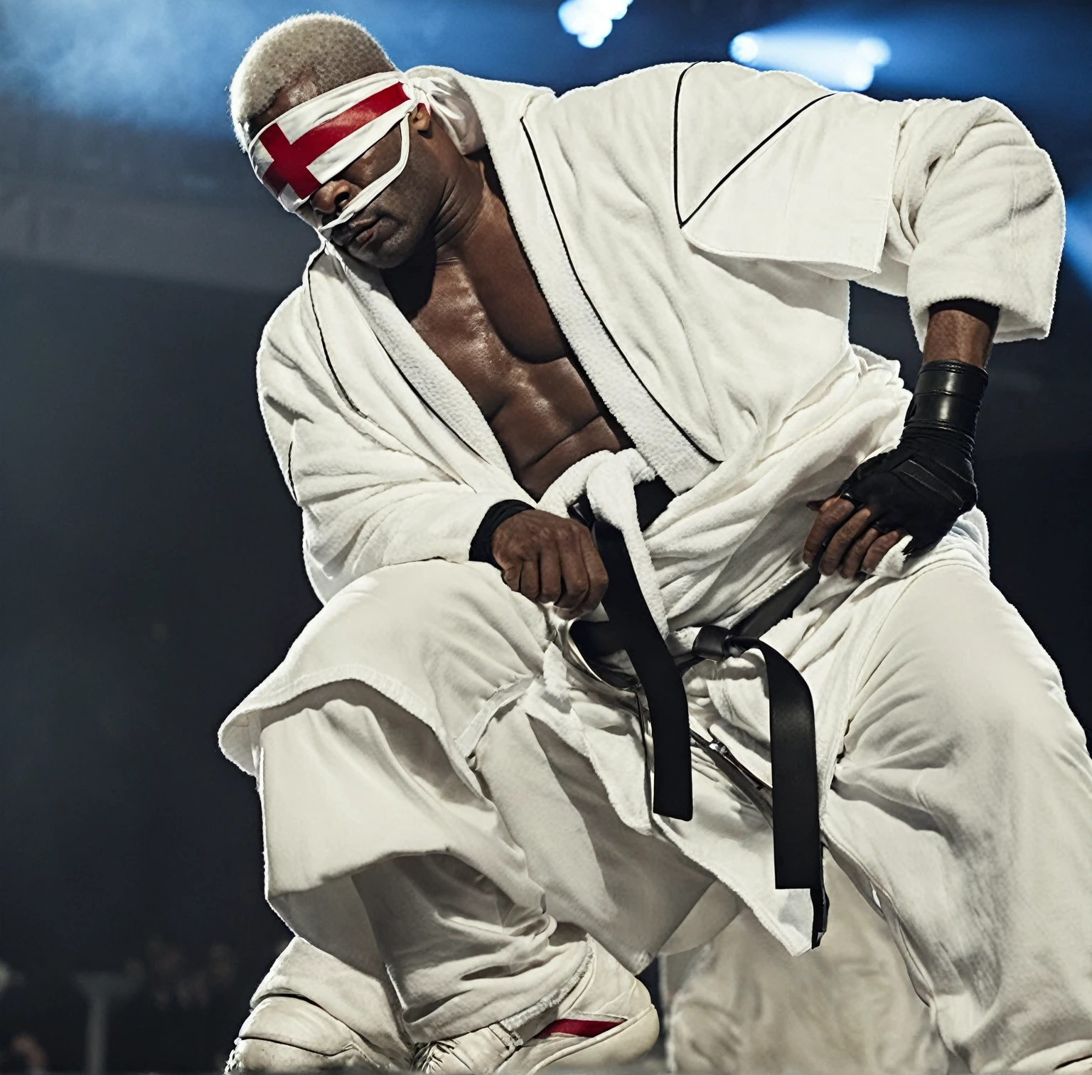 Sci-fi cinematic film scene slightly muscular African-American man with a short Afro White hair wearing a white blindfold With a red cross on it on his eyes Wearing a white robe and a giant black wrestling belt with a white cross on it wearing a giant White sweatpants and a white leather boots, realistic photograph movie scene dark atmosphere,35mmm