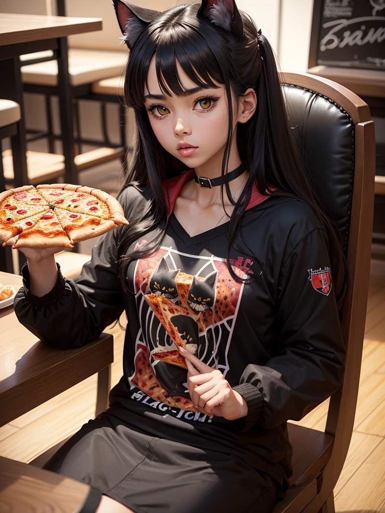 a black cat. with anime clothes. eating a pizza in a restaurant.