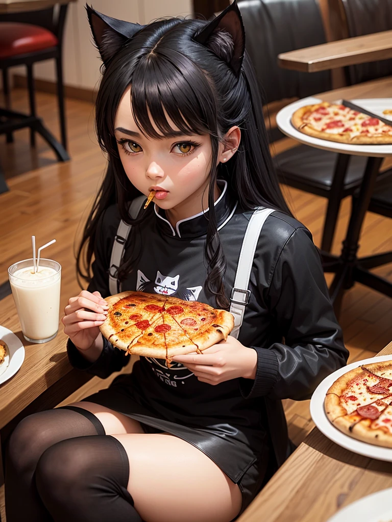 a black cat. with anime clothes. eating a pizza in a restaurant.