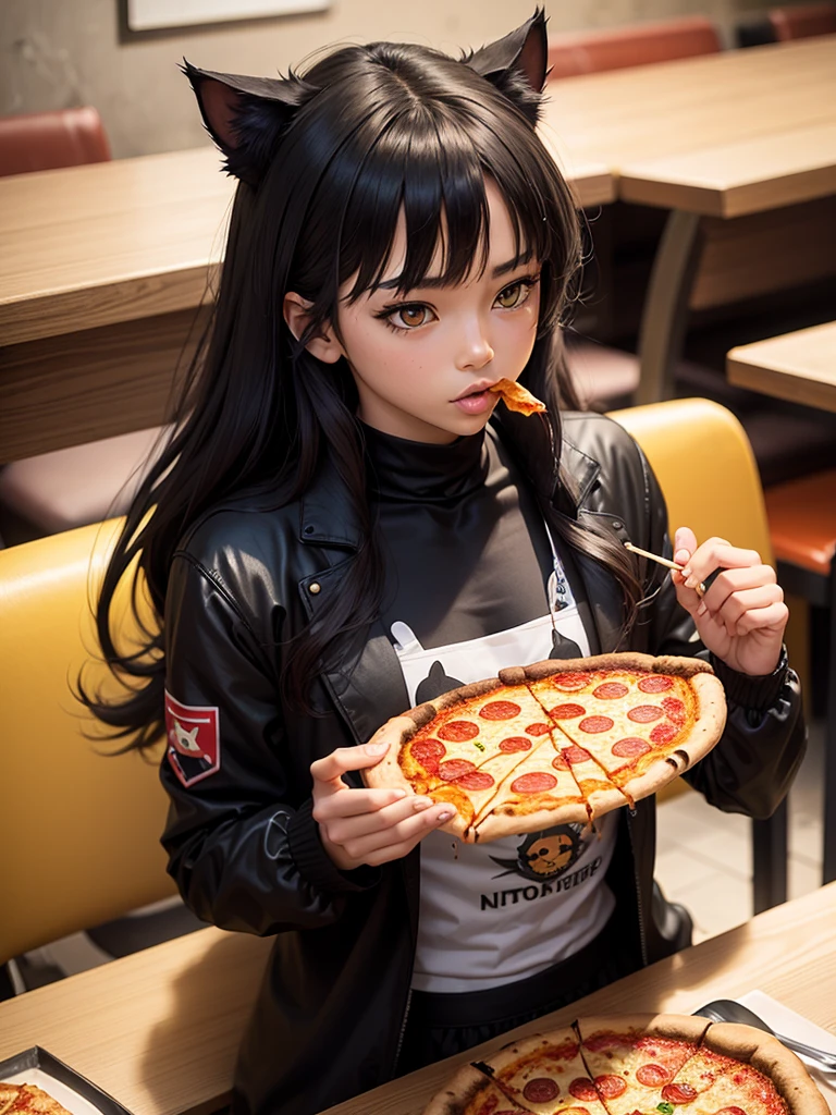 a black cat. with anime clothes. eating a pizza in a restaurant.