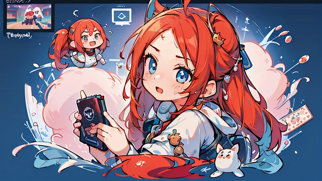 1girl, viewer behind the girl, face partially visible, viewer and girl looking at monitor, playing videogames, holding controller, happy, excited, tmasterpiece,best qualtiy,Ultra-high resolution, ((Clear facial features,beautidful eyes,beauitful face, Exquisite facial features)), red color scheme, video game development, gamedev, game jam advertisement
