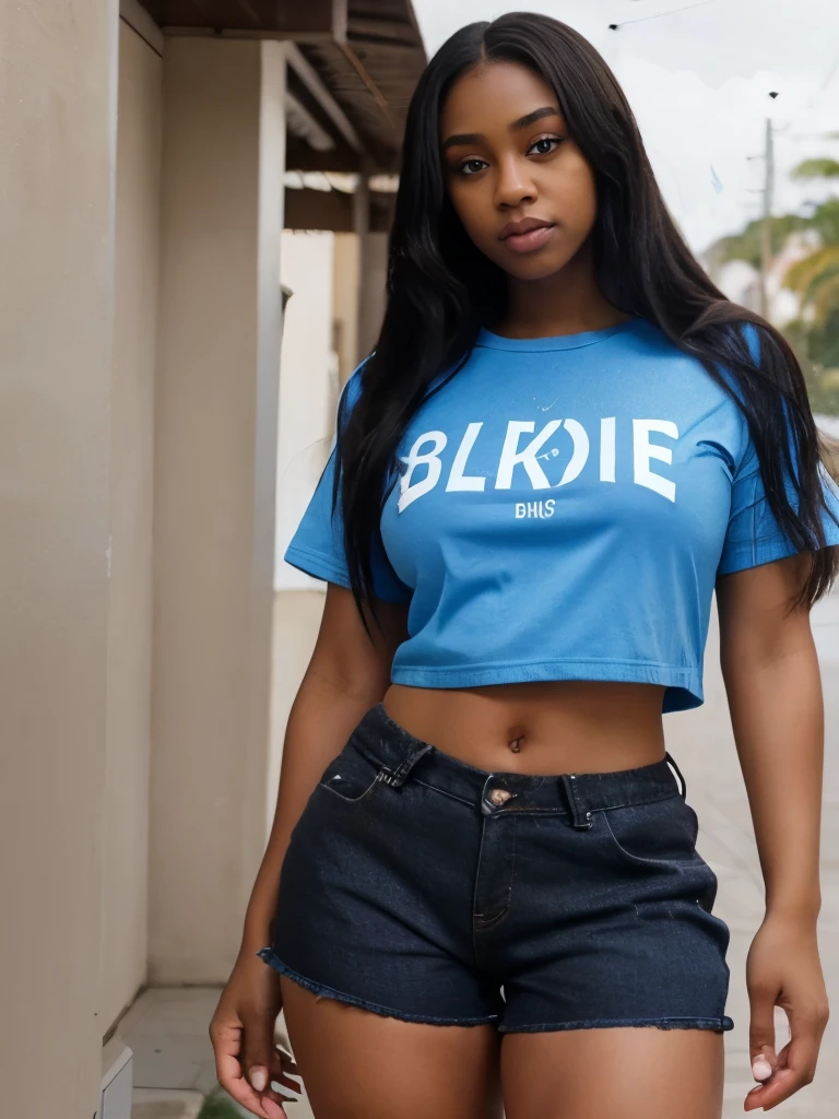 Black girl , straight hair , big eyes , brown eyes , thick body, sexy body ,wearing blue bikini a wes shirt and short pants
